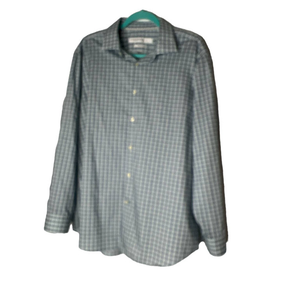 Perry Ellis Premium Shirt Size 17 1/2 34/35 Blue White Plaid Slim Fit Non-Iron - Picture 1 of 5